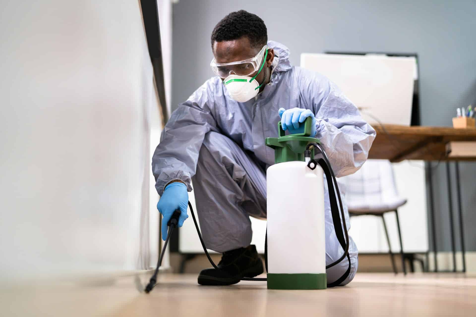 A person wearing protective gear, including a mask, gloves, and goggles, crouches while expertly using a spray bottle to ensure the baseboard is pest-free. A table and some office items are visible in the background.